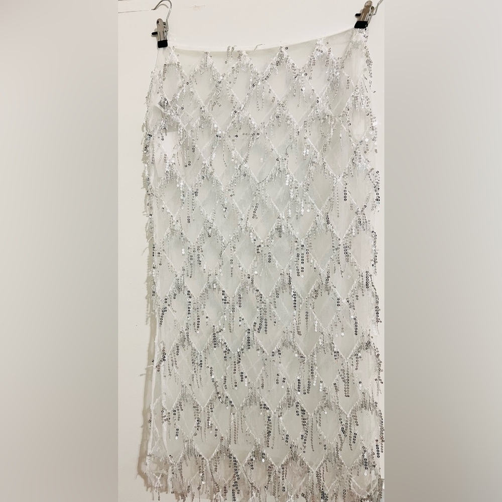 White & Silver Embellished Mesh Midi Skirt | Beaded Sheer Cover-Up | Size 12 NWT